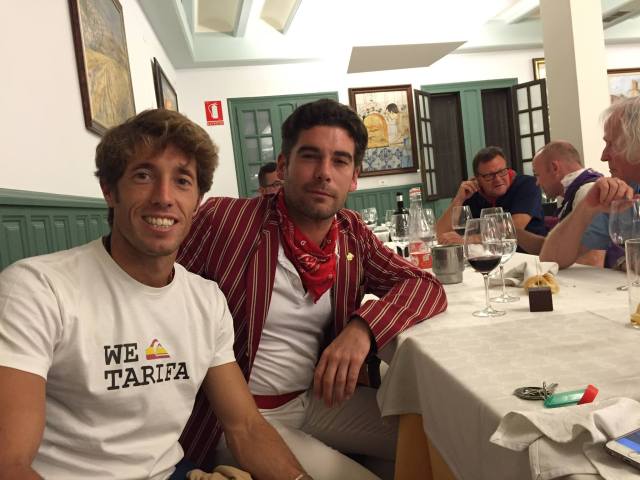 The matador Manuel Escribano and Alexander Fiske-Harrison (on heavy meds for his broken ribs) at dinner last night (Photo: Lore Monnig)
